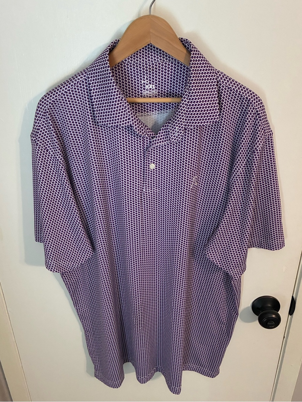 Rhoback men’s performance polo all over Texas print in TCU purple